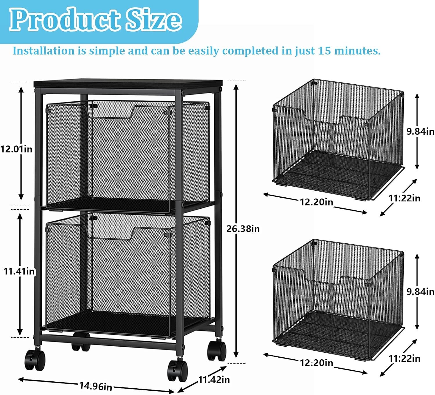 2-Drawer Mobile File Trolley (Black) - Image 2